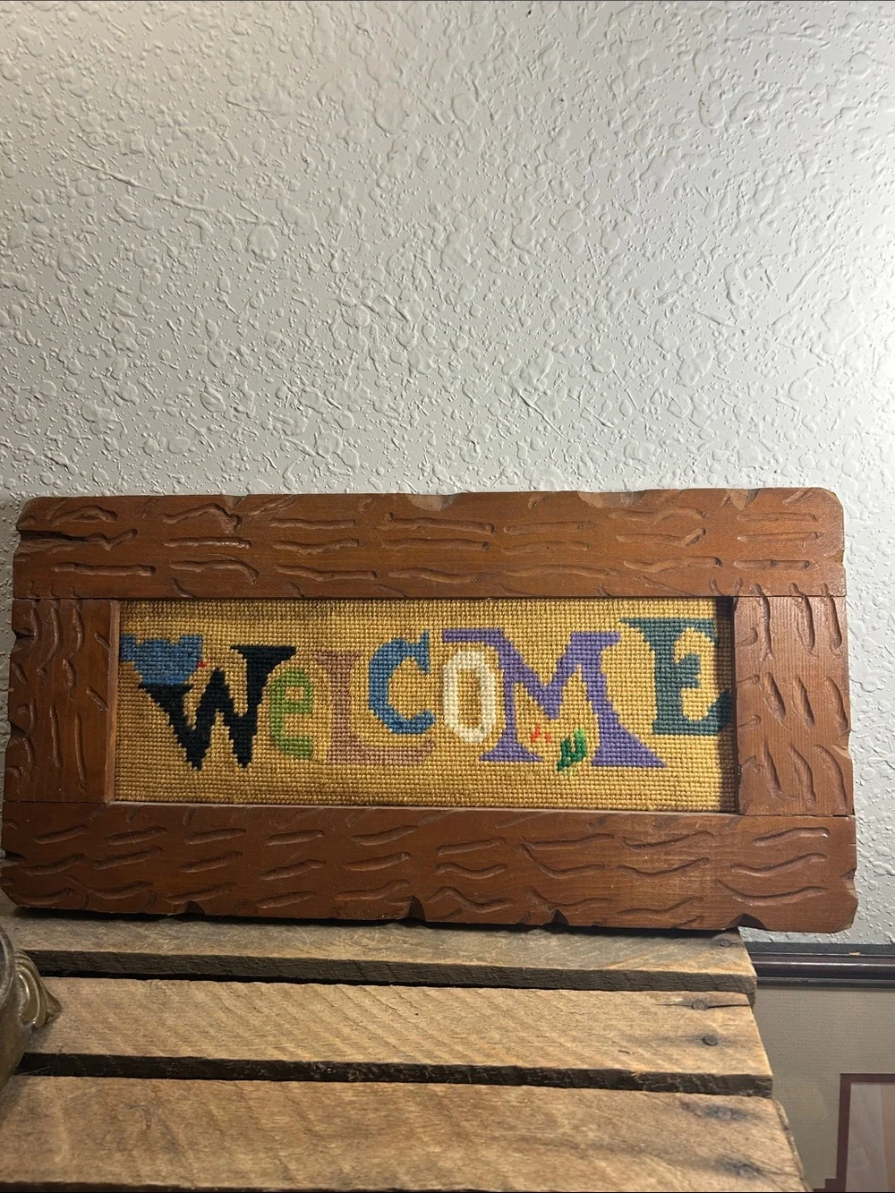 Welcome Sign Cross-Stitch Wall Accent in Multicolor